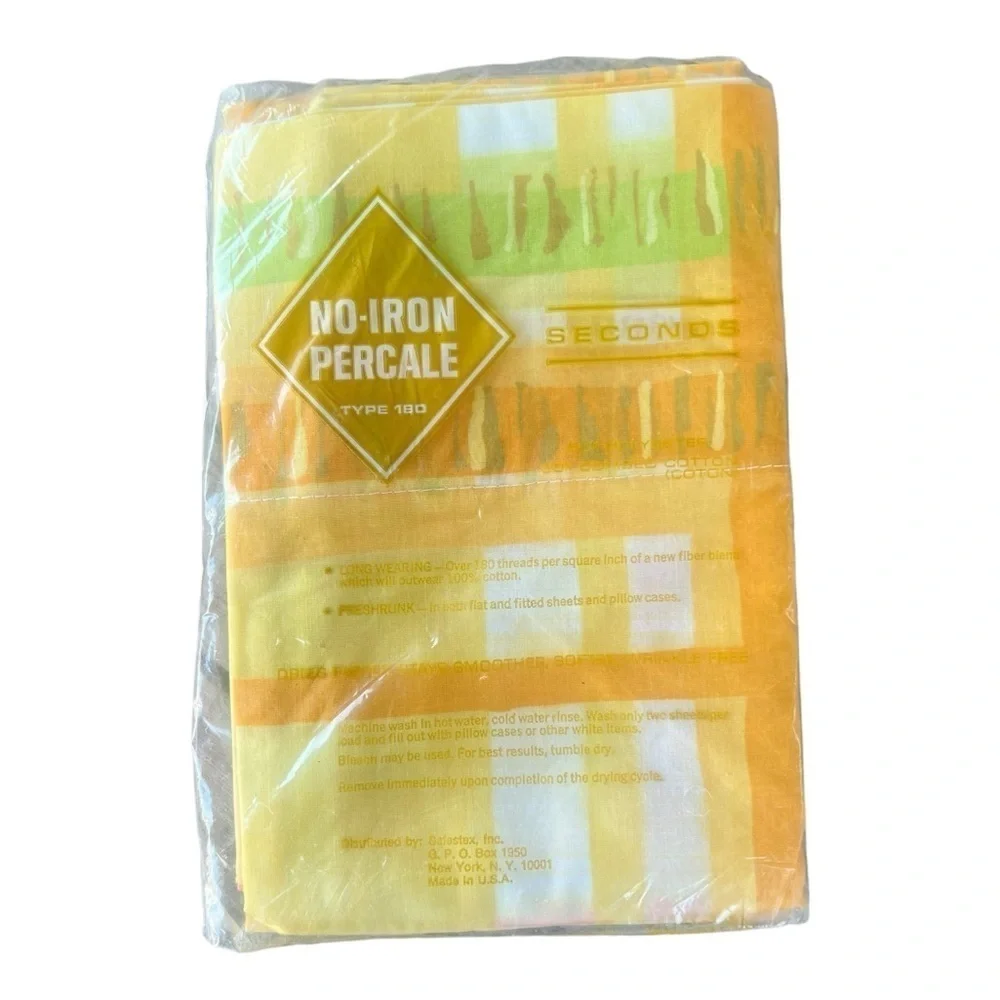 Vintage Abstract Pillowcase Set NOS Salestex No-Iron Percale Standard 70s Yellow